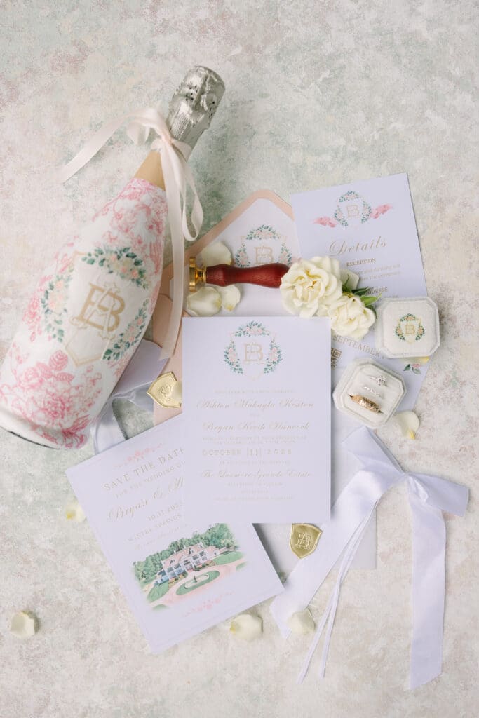 Wedding Photographer Orlando | Jennifer Holly Light and Airy Wedding Photographer in Orlando | Elegant wedding stationery flat lay featuring floral-themed invitations, a champagne bottle with pink designs, white flowers, white ribbon, and gold wax seals on a textured background.