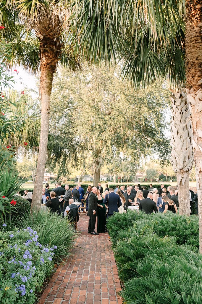 Casa Feliz Wedding | Jennifer Holly Light and Airy Wedding Photographer in Orlando | Outdoor gathering among palm trees and lush greenery, with people in formal attire mingling on a brick path under sunny skies. Social, vibrant atmosphere.