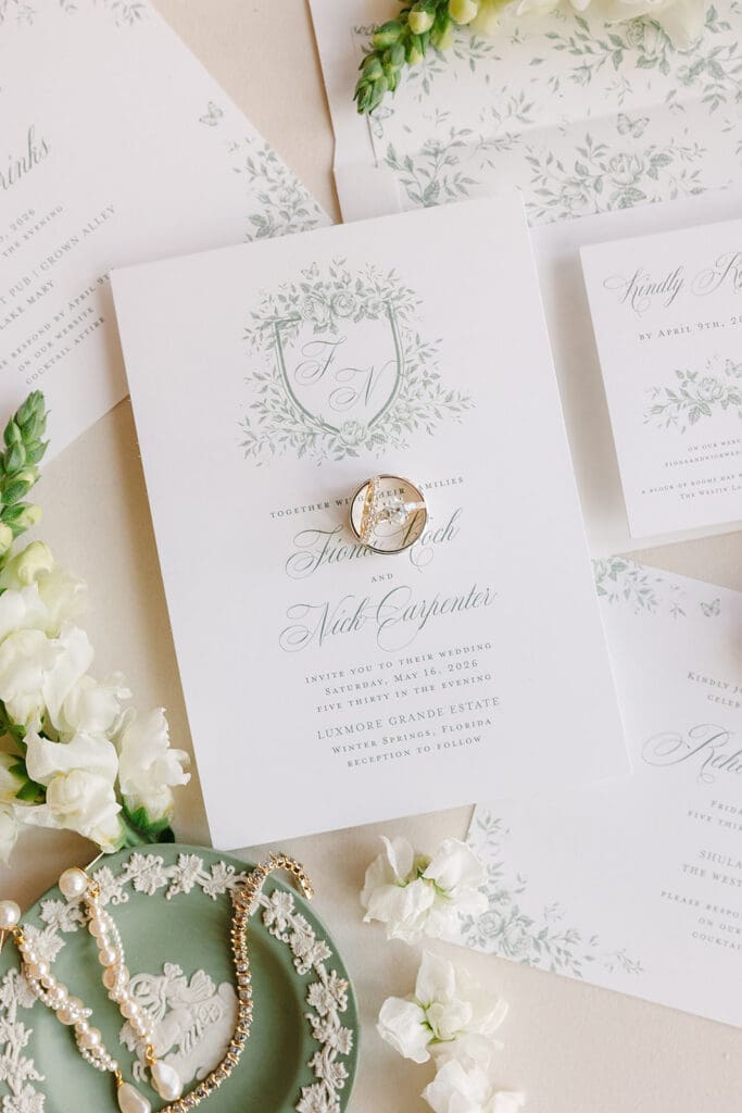 green and white wedding details at Florida mansion wedding venue, Luxmore Grande Estate, captured by Jennifer Holly Photography