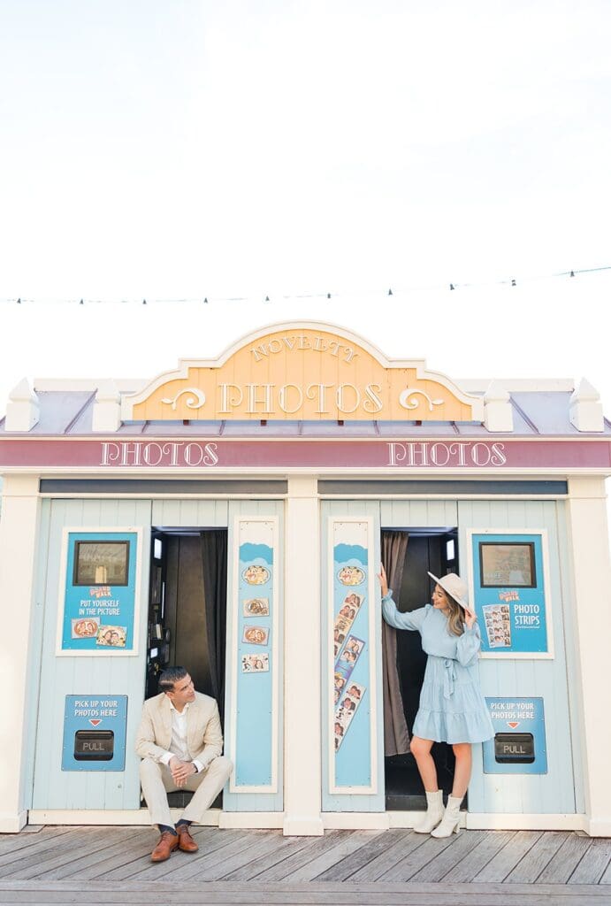 fun and candid couple portrait at Disney Boardwalk