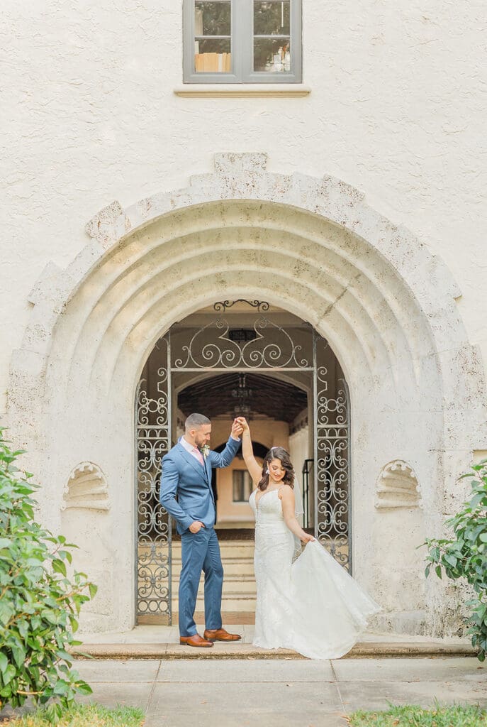 bride and groom at Rollins College in an elopement portrait captured by Jennifer Holly Photography, an Orlando elopement and wedding photographer