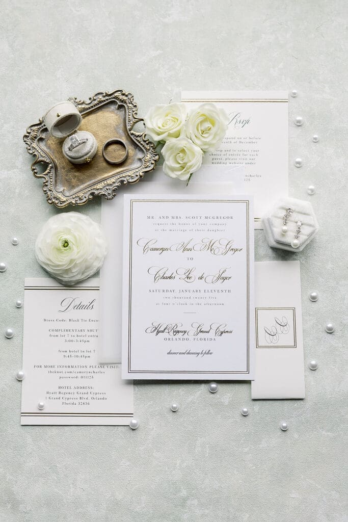 white and cream wedding details at Hyatt Regency Grand Cypress Resort in Orlando, Florida, captured by Jennifer Holly Photography